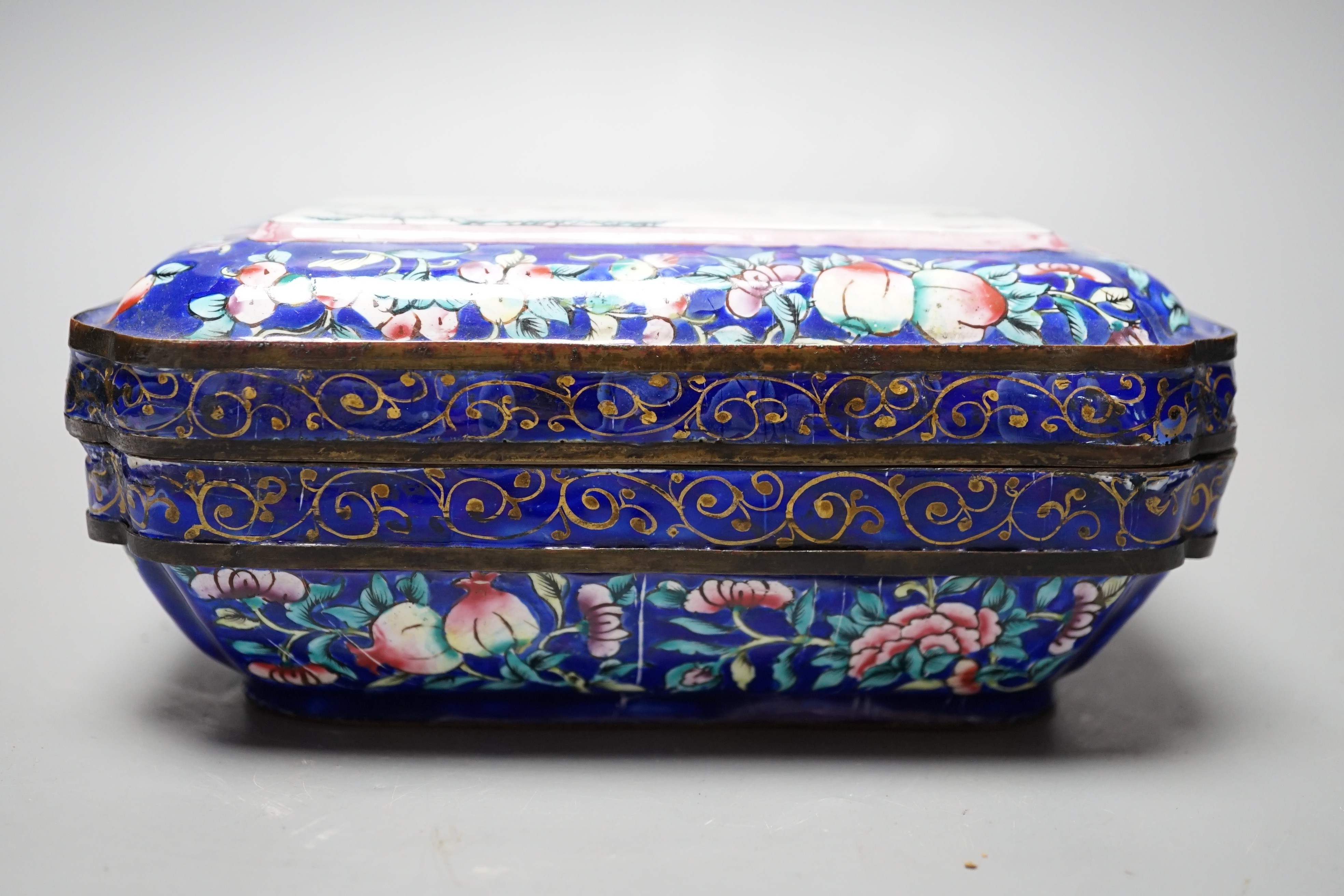 A 19th century Chinese Guangzhou enamel box and cover, 16cm long